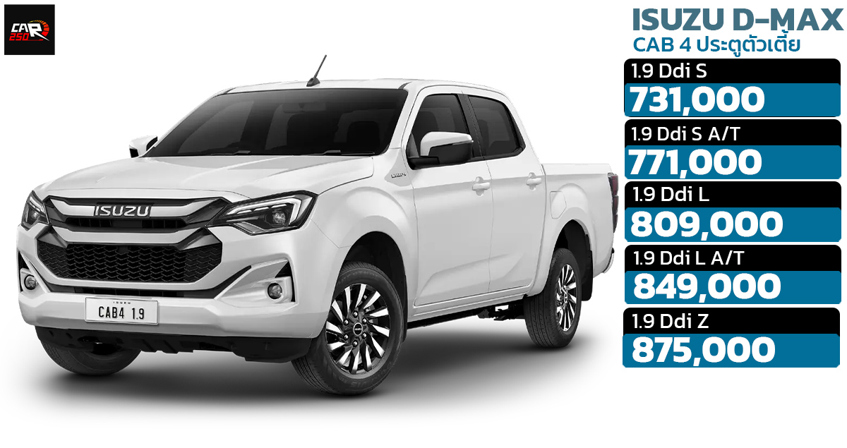 ISUZU D-MAX CAB 4 ประตูตัวเตี้ย 5 รุ่นย่อย ราคา 731,000 – 875,000 บาท