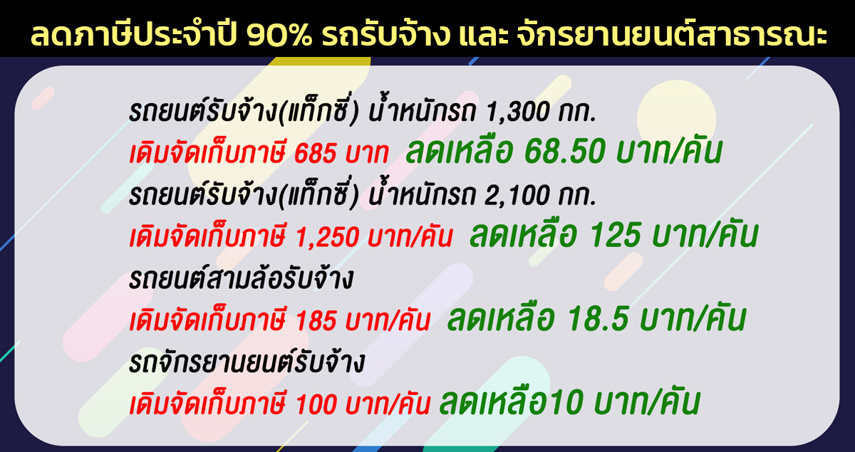 ขนส่งฯ ลดภาษีประจำปี 90% สำหรับรถรับจ้าง และ จักรยานยนต์สาธารณะ