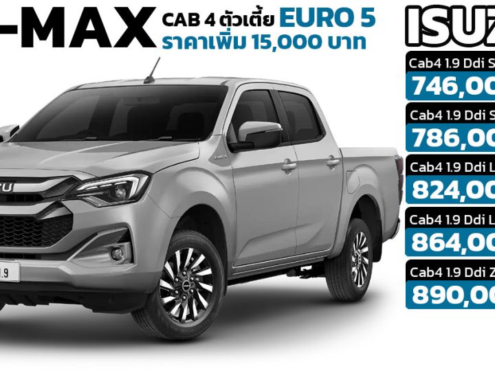 เพิ่มราคา 15,000 บาท ISUZU D-MAX CAB 4 ประตูตัวเตี้ย EURO 5 ราคา 746,000 – 890,000 บาท