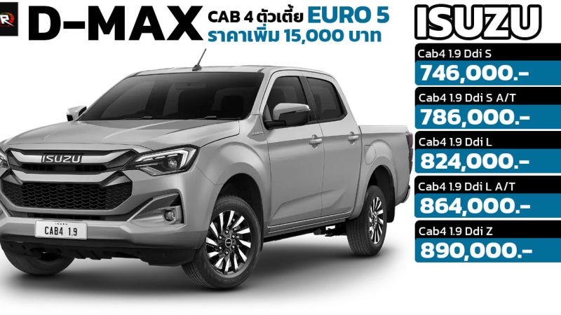เพิ่มราคา 15,000 บาท ISUZU D-MAX CAB 4 ประตูตัวเตี้ย EURO 5 ราคา 746,000 – 890,000 บาท