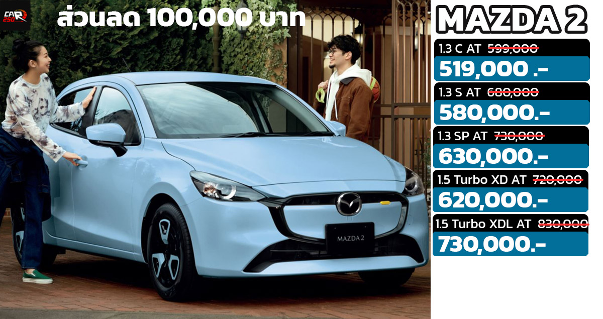 ลดราคา 100,000 บาทในไทย MAZDA 2 ราคาปัจจุบัน 519,000 – 730,000 บาท บาท