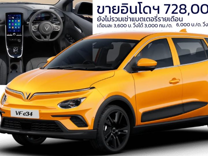 เปิดขายอินโดฯ 728,000 บาท เช่าแบตเตอรี่ต่างหาก VF e34 EV 285 กม./ชาร์จ NEDC