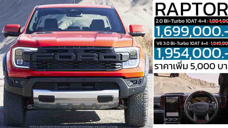 FORD Ranger RAPTOR ราคา 1,699,000 – 1,954,000 บาท 2.0 Bi-Turbo และ V6 3.0