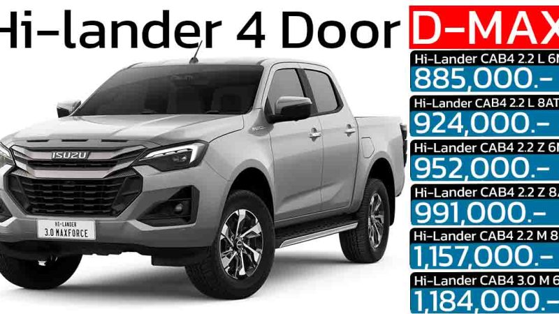 Isuzu D-Max Hi-Lander CAB4 ปรับโฉมใหม่ทั้งภายนอก-ภายใน เพิ่มเทคโนโลยีล้ำสมัย ราคา 885,000 – 1,184,000 บาท