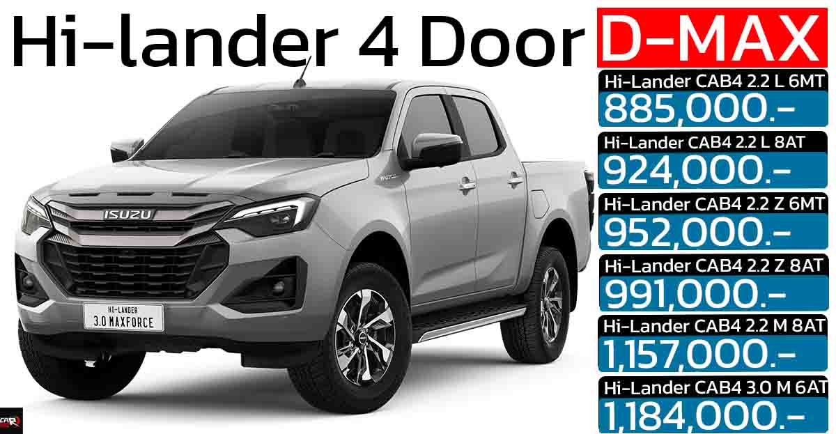 Isuzu D-Max Hi-Lander CAB4 ปรับโฉมใหม่ทั้งภายนอก-ภายใน เพิ่มเทคโนโลยีล้ำสมัย ราคา 885,000 – 1,184,000 บาท
