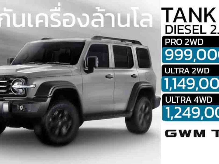 เปิดขายไทย 999,000 – 1,249,000 บาท GWN TANK 300 ดีเซล 2.4T ประกันคุณภาพเครื่อง 1 ล้านกิโลเมตร*