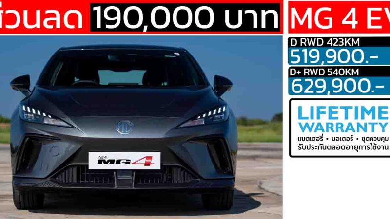 ลดราคากว่า 190,000 บาท MG 4 EV เหลือ 519,900 – 629,900 บาท 423 – 540 กม./ชาร์จ NEDC