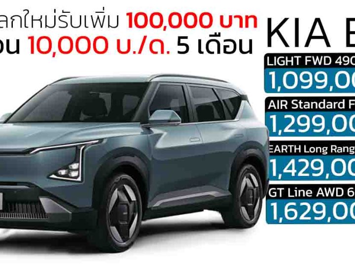 โปรช่วยผ่อน 5 เดือน รถเก่าแลกใหม่รับอีก 100,000 บาท KIA EV5 ราคา 1,099,000 – 1,629,000 บาท