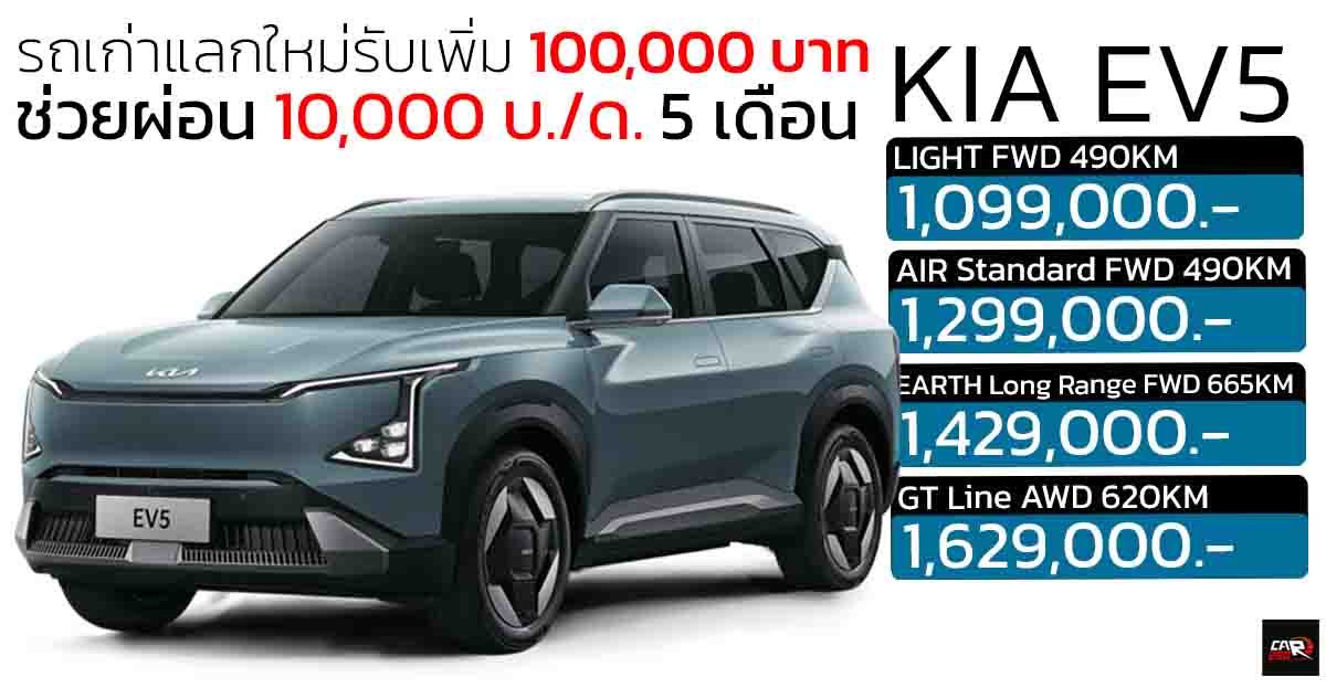 โปรช่วยผ่อน 5 เดือน รถเก่าแลกใหม่รับอีก 100,000 บาท KIA EV5 ราคา 1,099,000 – 1,629,000 บาท
