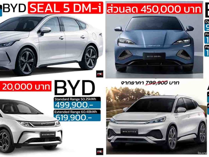 รวมราคา BYD บีวายดี ในไทย 2025 SEAL 5 DM-i /  SEALION 06 DM-i / SEALION 7 EV / M6 / SEAL / DOLPHIN  / ATTO 3 / DENZA / SHARK 6 เรียงถูก-แพง