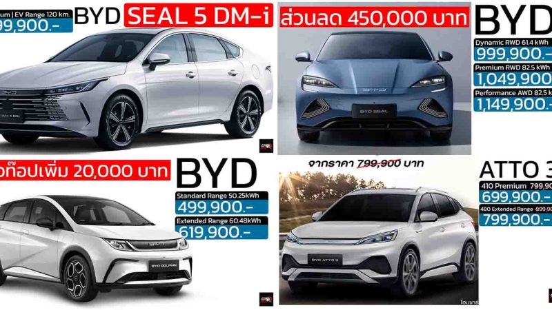 รวมราคา BYD บีวายดี ในไทย 2025 SEAL 5 DM-i /  SEALION 06 DM-i / SEALION 7 EV / M6 / SEAL / DOLPHIN  / ATTO 3 / DENZA / SHARK 6 เรียงถูก-แพง