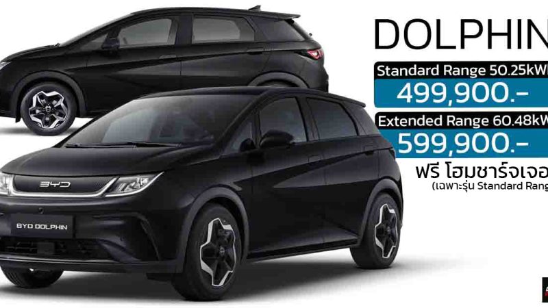 ฟรี โฮมชาร์จเจอร์ BYD DOLPHIN 435-480 กม./ชาร์จ ราคา  499,900 – 599,900 บาท