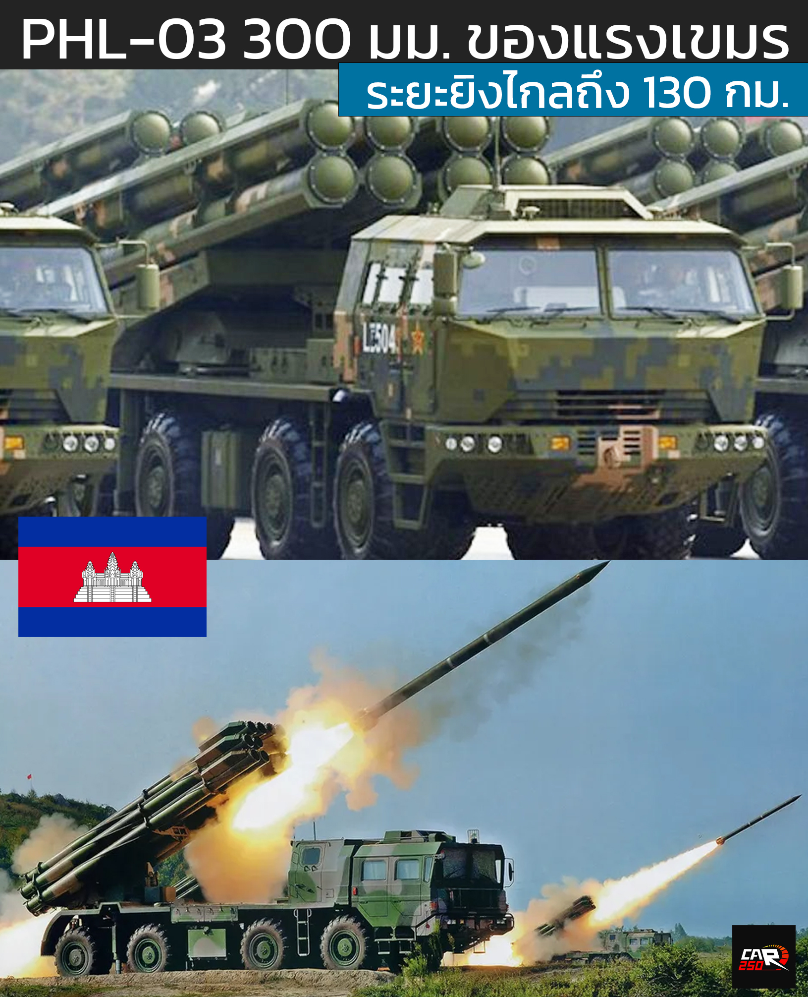PHL-03 / AR2 อาวุธรุนแรงจากจีน ในมือกัมพูชา ระยะยิงถึง 130 กม. 12 ท่อยิงขนาด 300 มม.