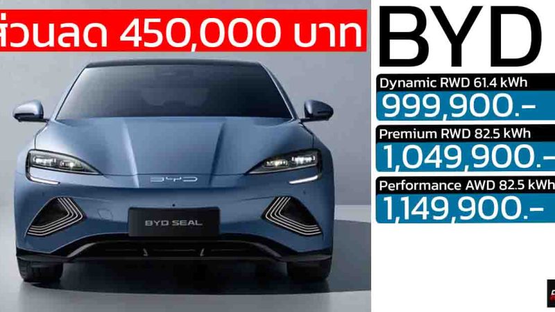 ส่วนลด 450,000 บาท ดอกเบี้ย 0% BYD SEAL 510 – 650 กม./ชาร์จ CLTC MY2023 เหลือ 999,900 – 1,149,900 บาท