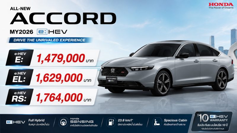 HONDA ACCORD MY2026 เปิดตัว ใหม่ พร้อม สีภายนอก เทาเออร์เบิน ภายในสีขาวใหม่ โลโก้ H Mark ราคา 1.47 – 1.76 ล้านบาท