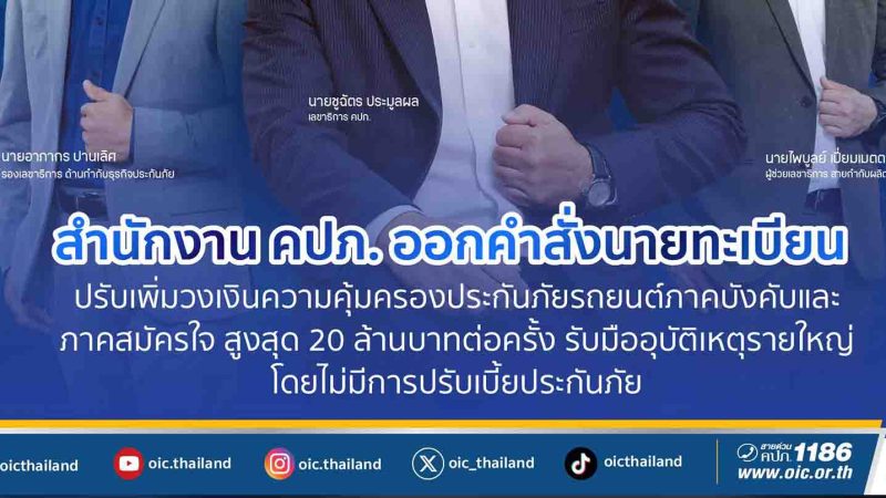 คปภ. เพิ่มวงเงินคุ้มครอง ประกันรถยนต์ (พรบ.) ทั้งหมดไม่เกิน 20 ล้านบาทต่อครั้ง ไม่เพิ่มเบี้ย