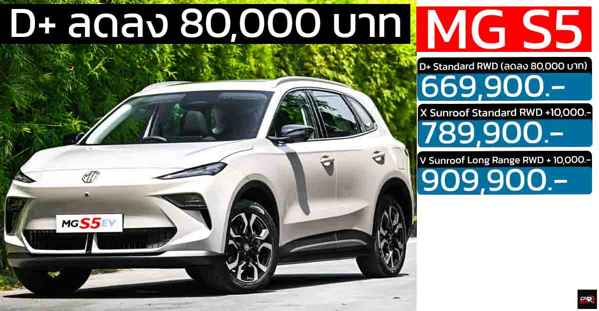 D+ ลดลง 80,000 บาท MG S5 EV 416 – 550 KM เหลือ 669,900 บาท ประกันแบตตลอดการใช้งาน แบบไม่จำกัด
