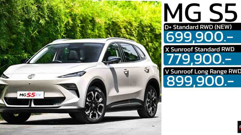 เพิ่มรุ่นย่อยใหม่ 699,900 บาท MG S5 EV 416 – 550 KM ประกันแบตตลอดการใช้งาน แบบไม่จำกัด