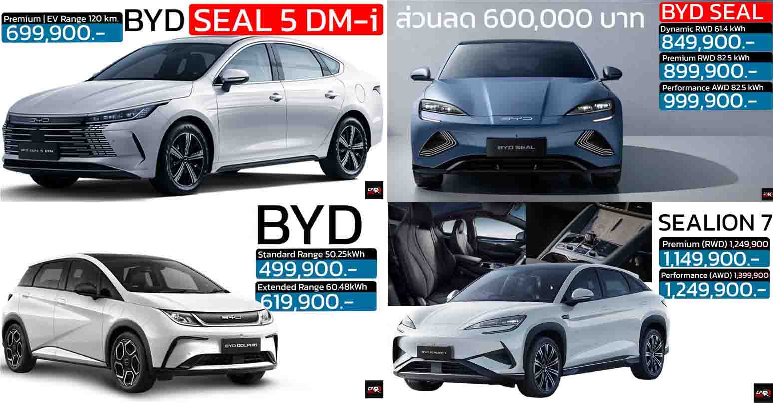 รวมราคา BYD บีวายดี ในไทย 2025 SEAL 5 DM-i /  SEALION 06 DM-i / SEALION 7 EV / M6 / SEAL / DOLPHIN  / ATTO 3 / DENZA / SHARK 6 เรียงถูก-แพง