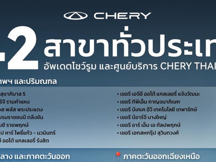 รวม 42 โชว์รูม Chery ในประเทศไทย ทั่วประเทศ อัพเดทล่าสุด