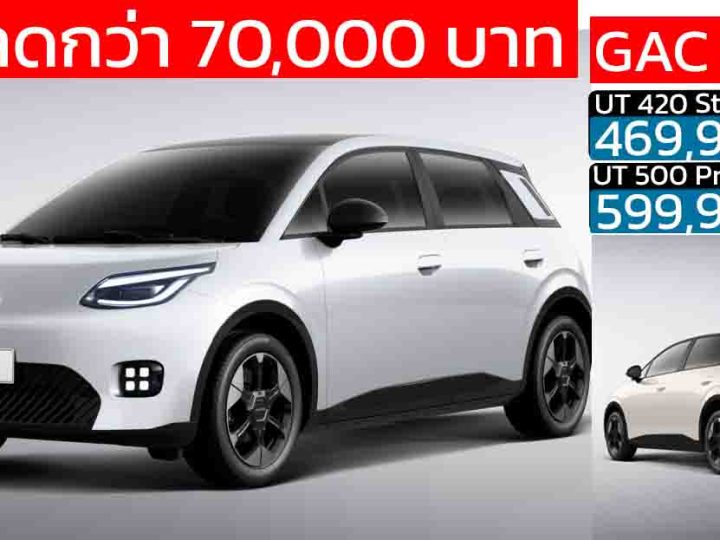 ลดราคา 70,000 บาท GAC AION UT EV 420 – 500 กม./ชาร์จ NEDC 469,900 – 599,900 บาท LIFETIME WARRANTY