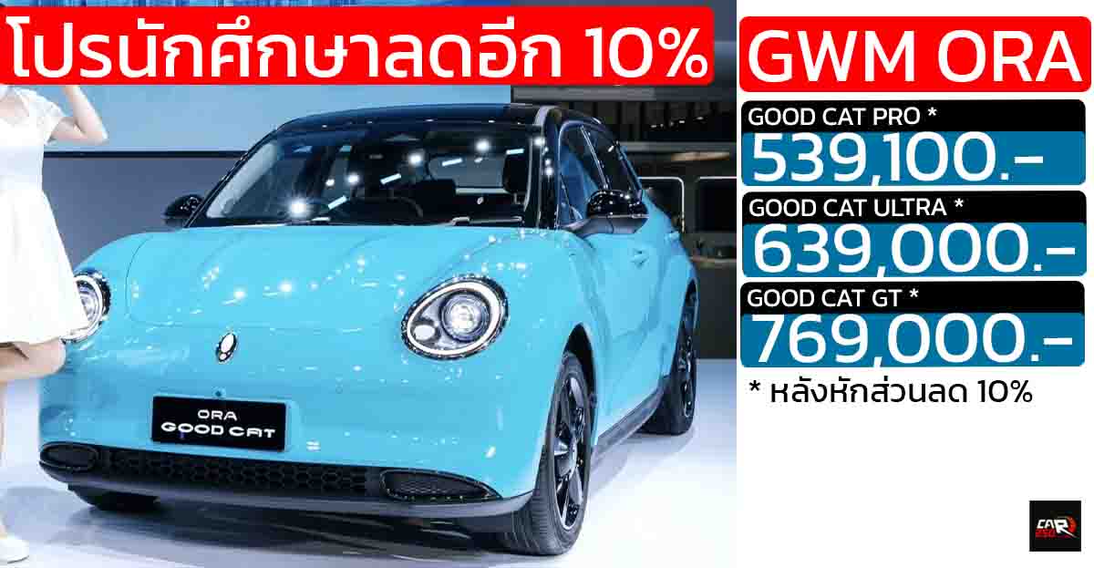 นักศึกษาลดอีก 10% ORA GOOD CAT 460 – 480 กม./ชาร์จ NEDC เหลือราคา 539,100 – 769,000 บาท หลังหักส่วนลด