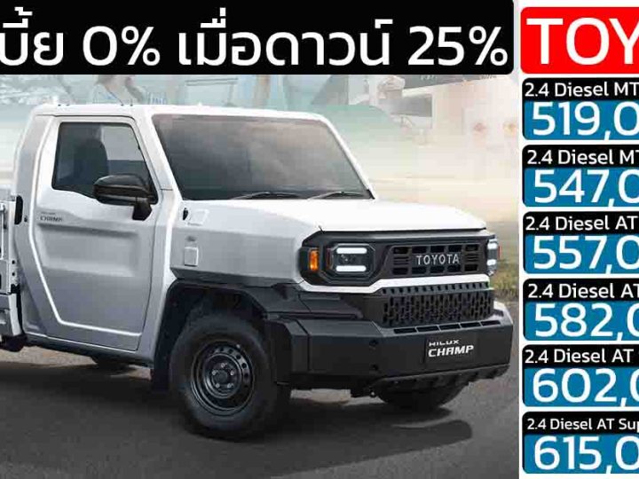 โปรดอกเบี้ย 0% TOYOTA Hilux CHAMP ราคา 519,000 – 615,000 บาท มีแค่ดีเซล 2.4 ลิตร