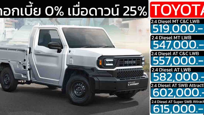 โปรดอกเบี้ย 0% TOYOTA Hilux CHAMP ราคา 519,000 – 615,000 บาท มีแค่ดีเซล 2.4 ลิตร