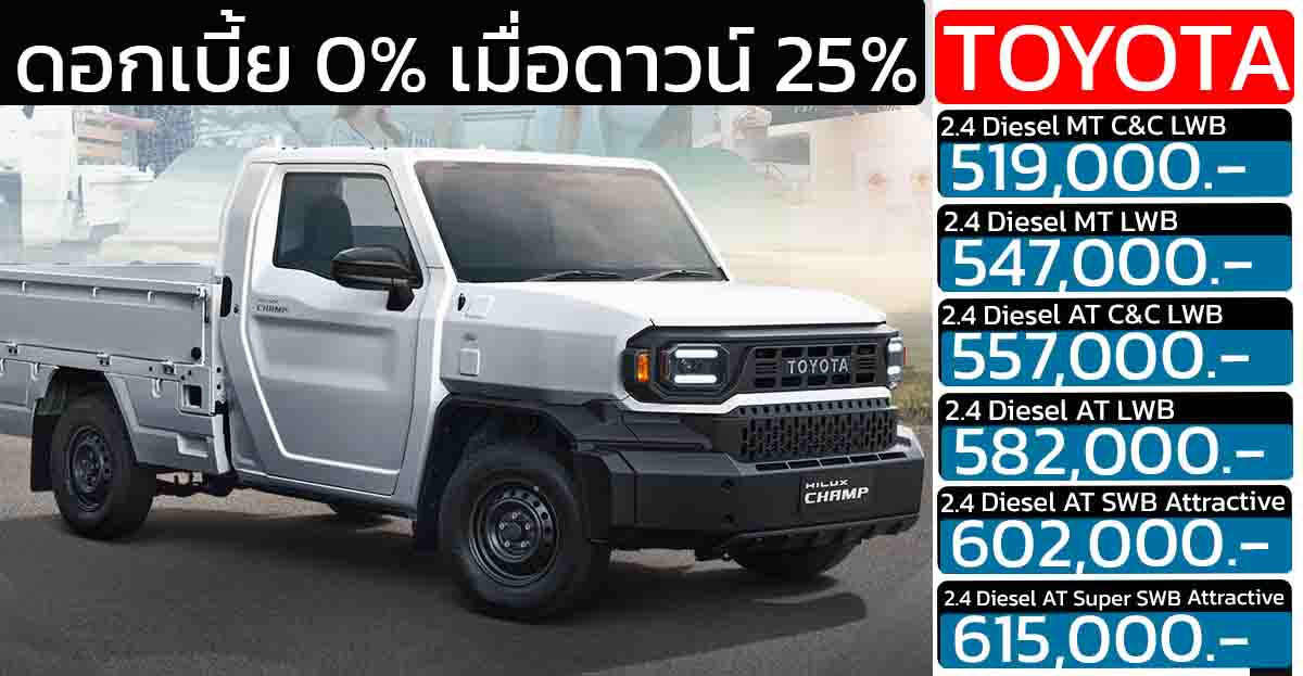 โปรดอกเบี้ย 0% TOYOTA Hilux CHAMP ราคา 519,000 – 615,000 บาท มีแค่ดีเซล 2.4 ลิตร