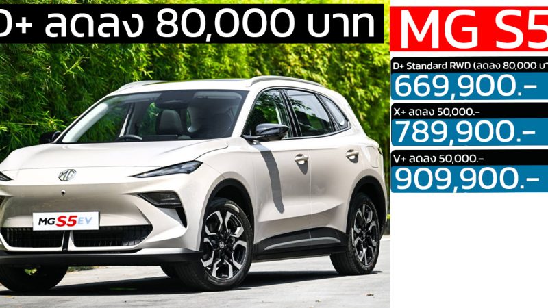 D+ ลดลง 80,000 บาท MG S5 EV PLUS 416 – 550 KM เหลือ 669,900 บาท ประกันแบตตลอดการใช้งาน แบบไม่จำกัด