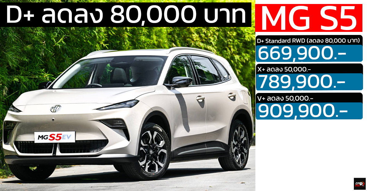 D+ ลดลง 80,000 บาท MG S5 EV PLUS 416 – 550 KM เหลือ 669,900 บาท ประกันแบตตลอดการใช้งาน แบบไม่จำกัด