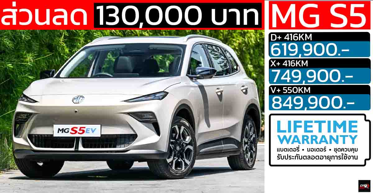 ราคาลดลง 130,000 บาท MG S5 EV PLUS 416 – 550 KM เหลือ 619,900  – 849,900 บาท ประกันแบตตลอดการใช้งาน แบบไม่จำกัด
