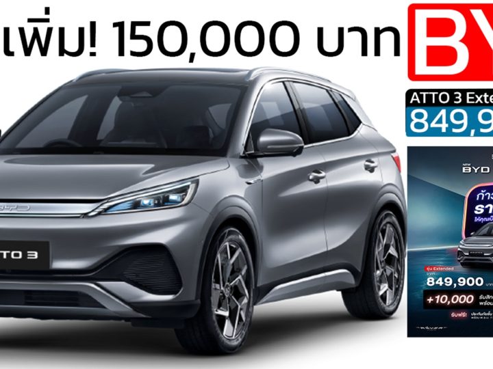 ราคาเพิ่ม 150,000 บาท BYD ATTO 3 480KM/ชาร์จ NEDC ราคา 819,900 บาท รับประกันแบตเตอรี่ตลอดอายุการใช้งาน