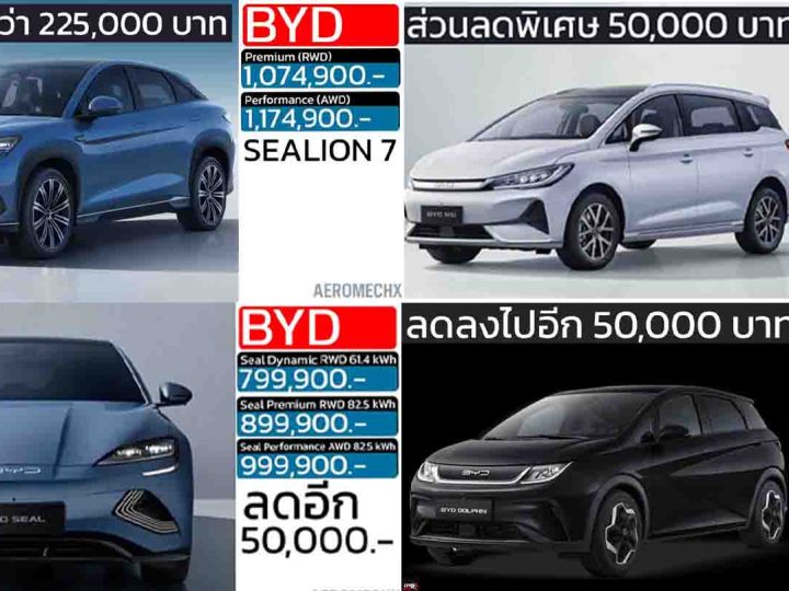 รวมราคา BYD บีวายดี ในไทย 2025 SEAL 5 DM-i /  SEALION 06 DM-i / SEALION 7 EV / M6 / SEAL / DOLPHIN  / ATTO 3 / DENZA / เรียงถูก-แพง