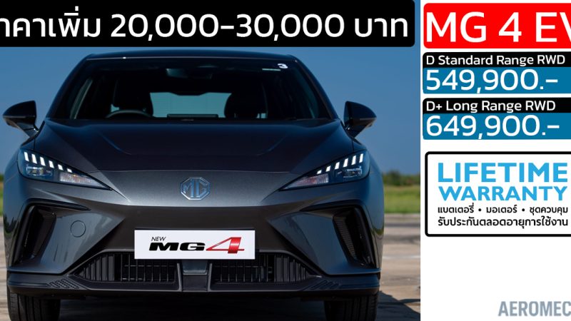 ราคาเพิ่ม 20,000 – 30,000 บาท MG 4 EV ราคา 549,900 – 649,900 บาท 423 – 540 กม./ชาร์จ NEDC