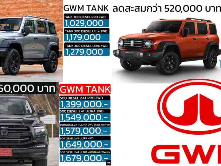 รวมราคา GWM TANK Series  ทั้งหมด 300 และ 500 ในประเทศไทย เรียงถูก-แพง