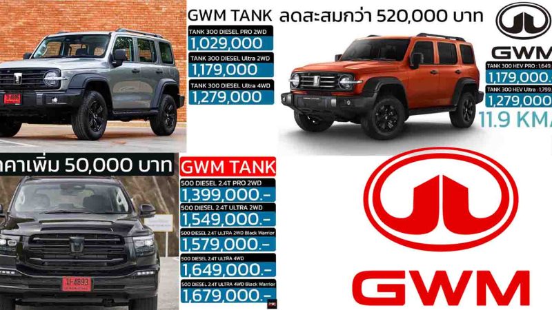รวมราคา GWM TANK Series  ทั้งหมด 300 และ 500 ในประเทศไทย เรียงถูก-แพง