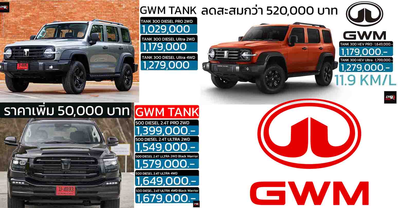 รวมราคา GWM TANK Series  ทั้งหมด 300 และ 500 ในประเทศไทย เรียงถูก-แพง