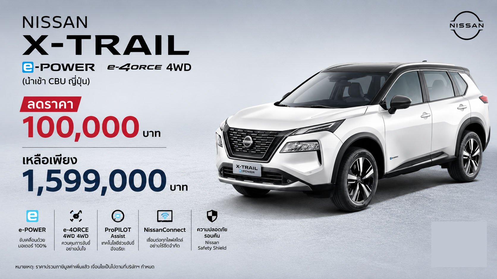 ลดราคา 100,000 บาท เหลือ 1,599,000 บาท Nissan X-Trail e-POWER e-4ORCE 4WD (นำเข้า CBU ญี่ปุ่น)