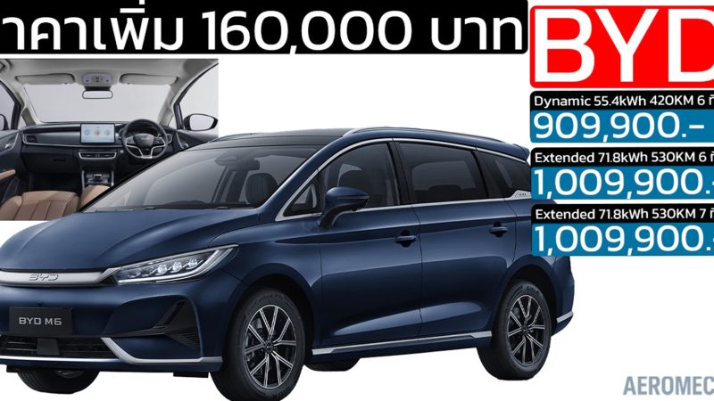 ราคาเพิ่ม 160,000 บาท  BYD M6 MPV ไฟฟ้า 6-7 ที่นั่ง วิ่งได้ 420 – 530 กม./ชาร์จ ราคา 909,900 – 1,009,900 บาท