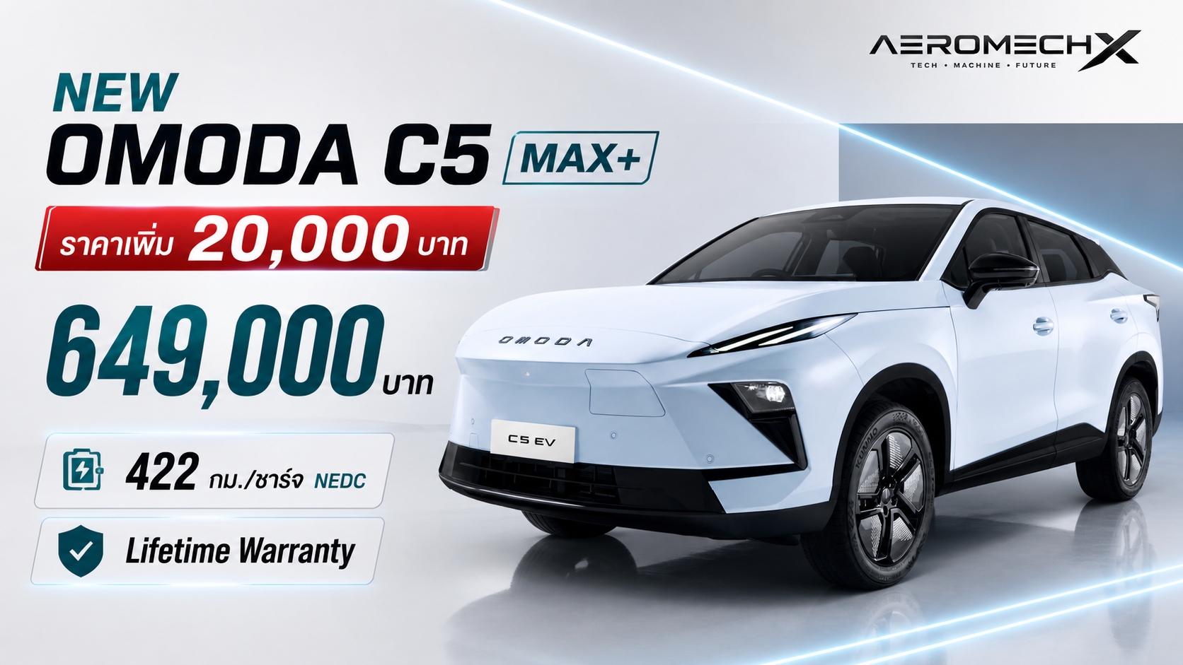 ราคาเพิ่ม 20,000 บาท NEW OMODA C5 MAX+ ราคา 649,000 บาท 422 กม./ชาร์จ NEDC Lifetime Warranty