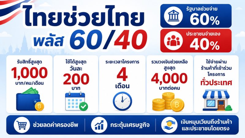 เจาะลึกโครงการ “ไทยช่วยไทย พลัส 60/40” เงื่อนไข วิธีคำนวณ และเทคนิคใช้สิทธิ์ไม่ให้โดนตัดฟรี