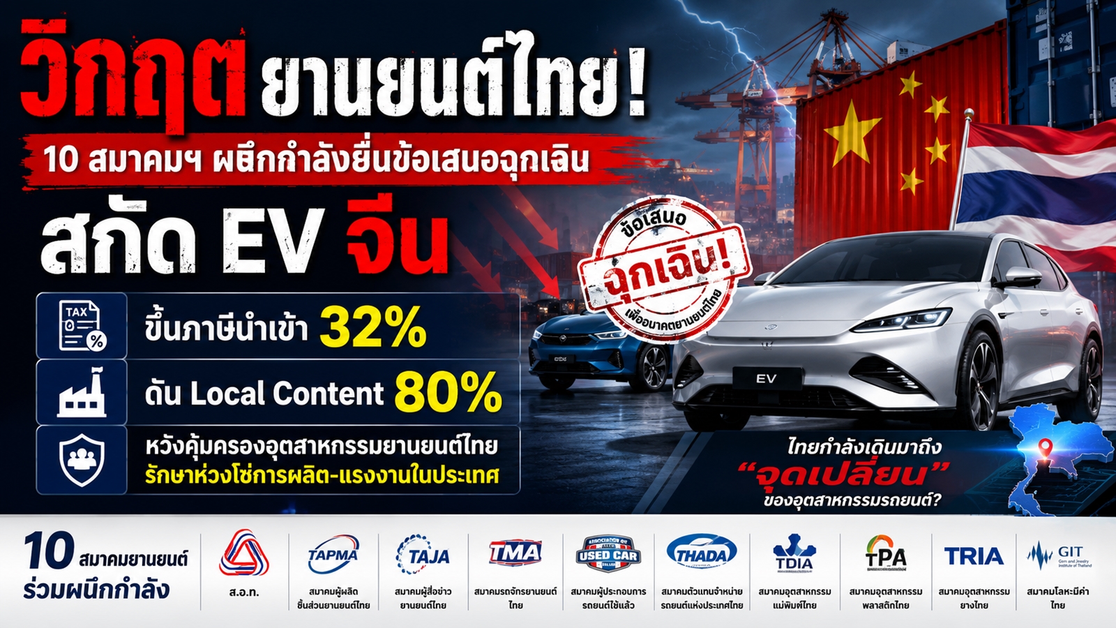 10 สมาคมยานยนต์ เสนอข้อเสนอฉุกเฉินสกัด EV จีน ขึ้นภาษีนำเข้า 32%  Local Content 80%