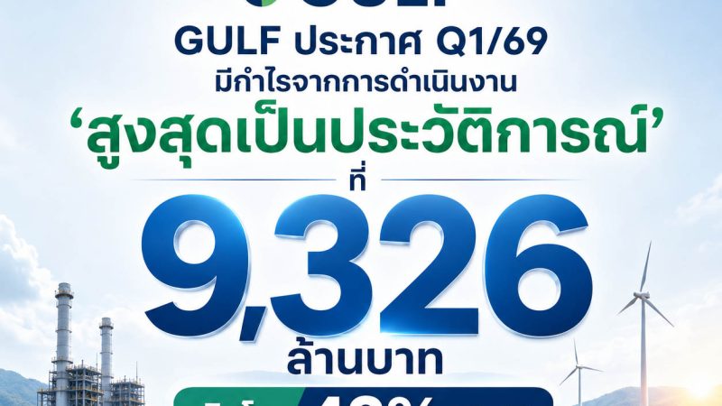 GULF โชว์ฟอร์มแกร่ง Q1/2026 กำไรหลักพุ่ง 43% ทะลุ 9.3 พันล้านบาท รับอานิสงส์พลังงานโต-ดิจิทัลหนุน