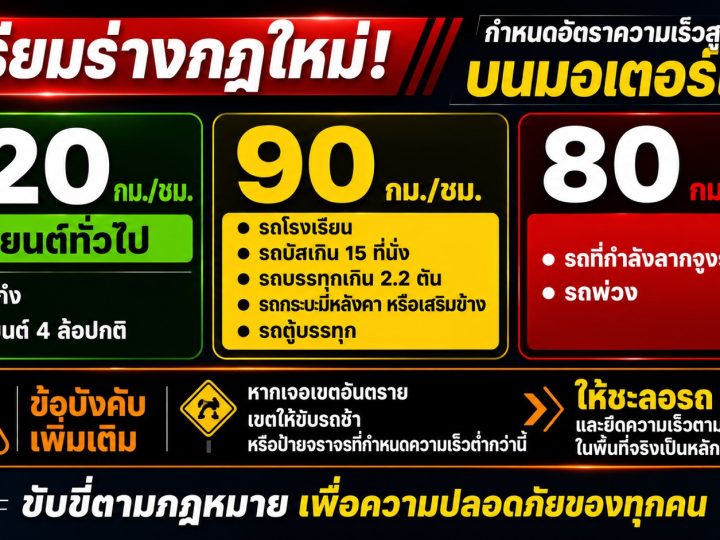 เตรียมร่างกฏใหม่! อัตราความเร็วสูงสุดบนมอเตอร์เวย์ ตามชนิดรถยนต์ รถยนต์ทั่วไปไม่เกิน 120 กม./ชม.