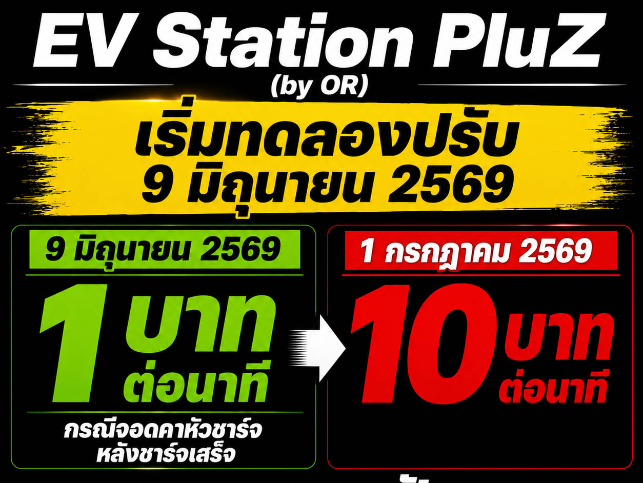 EV Station PluZ เริ่มปรับจอดแช่ช่องชาร์จ นาทีละ 1 บาท 9 มิถุนายน 2569 และ 1 ก.ค. จะปรับนาทีละ 10 บาท