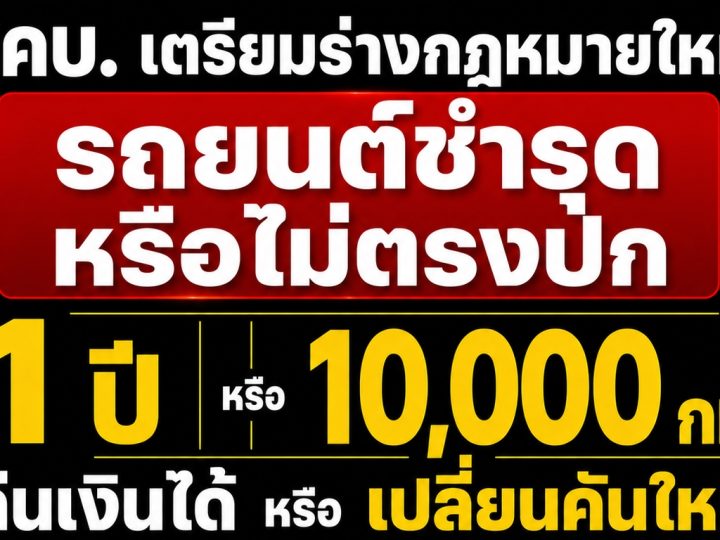 สคบ. เตรียมร่างกฏหมายใหม่ หากรถยนต์ชำรุด-ไม่ตรงปก ภายใน 1 ปี หรือ 10,000 กม. คืนเงินได้ หรือเปลี่ยน หากซ่อมต้องเสร็จภายใน 90 วัน