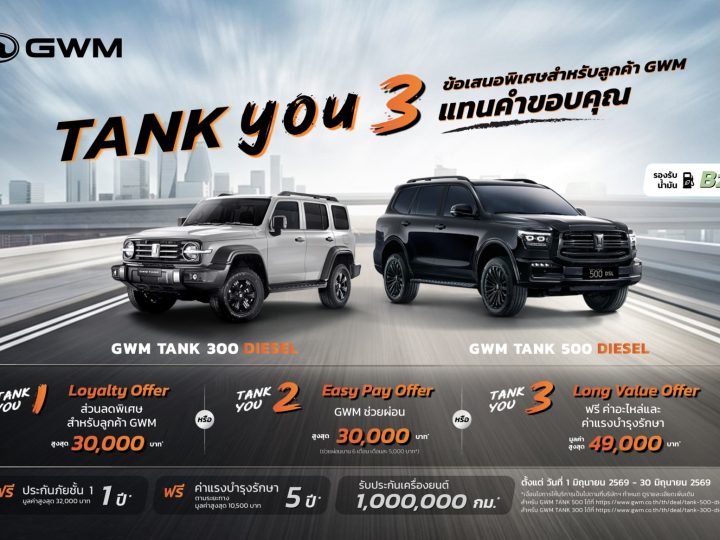 GWM TANK : ออกโปรใหม่ ช่วยลูกค้าผ่อนเดือนละ 5,000 บาท รวม 6 เดือนกว่า 30,000 บาท
