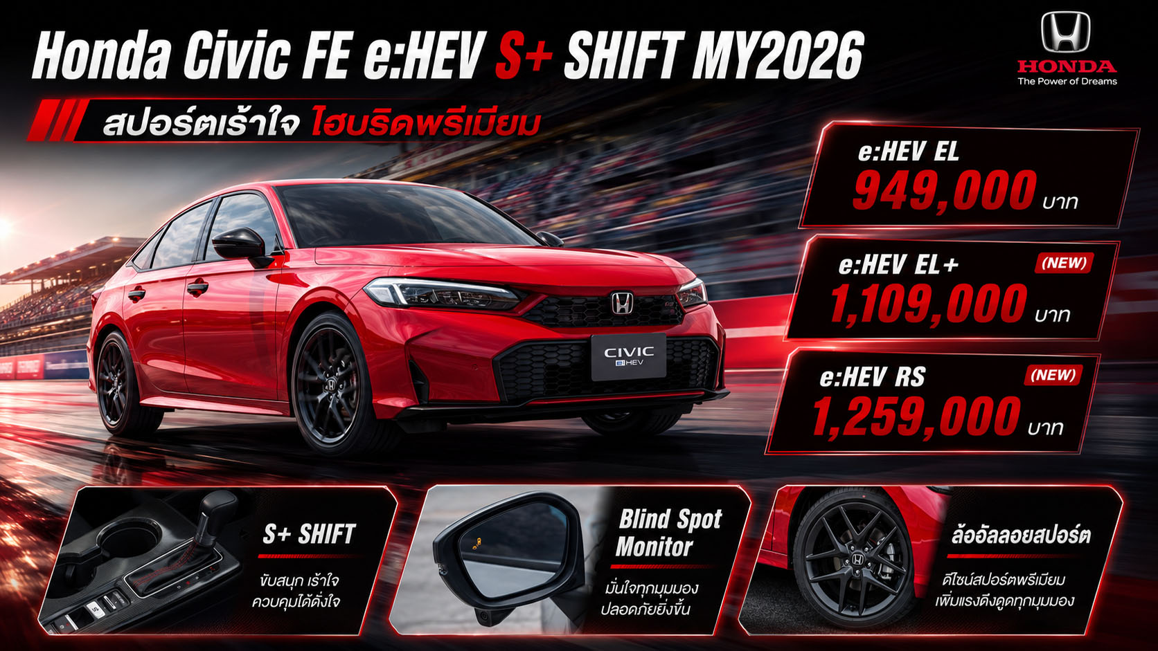Honda Civic e:HEV MY2026-2 ใหม่ เพิ่มรุ่น EL+ พร้อมระบบ BSI–CTM รุ่น RS ได้ S+ SHIFT จำลองเกียร์ 8 จังหวะ ราคา 1,259,000 บาท