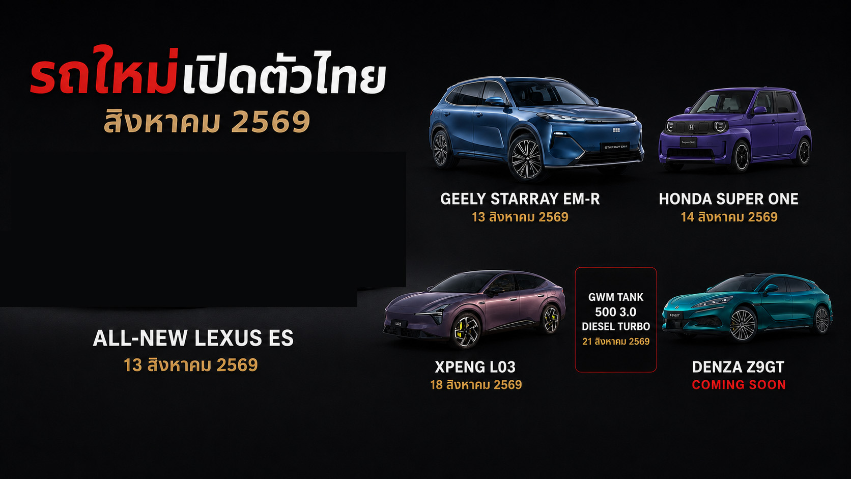 อัพเดท! รถใหม่ เปิดตัวไทย สิงหาคม ปี 2569 รถยนต์พลังงานไฟฟ้า EV , REEV ไฟฟ้าช่วงขยาย และไฮบริด